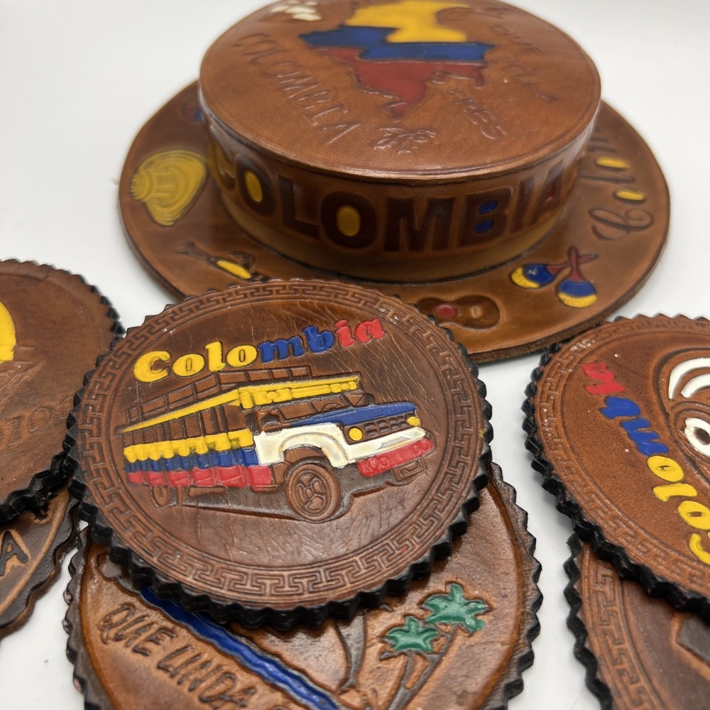 Vtg Coaster Set Leather Handmade Columbia Made - Picture 2 of 15